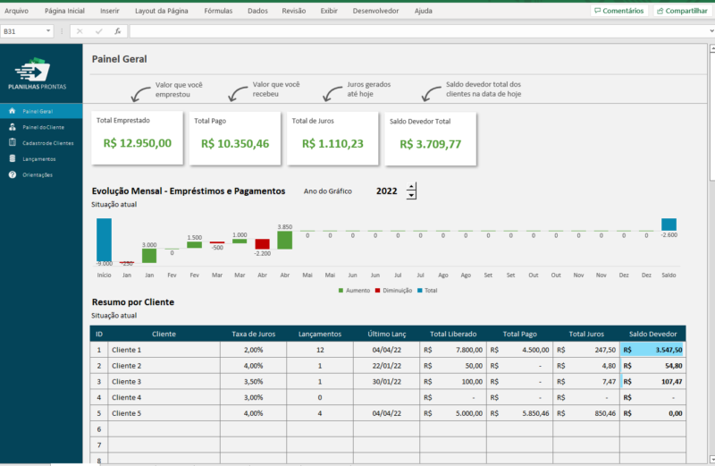 Planilha para Controle de Empréstimos de Clientes em Excel v2